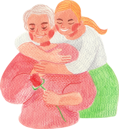 Organic Textured Elderly Mothers with Children Hugging with Rose