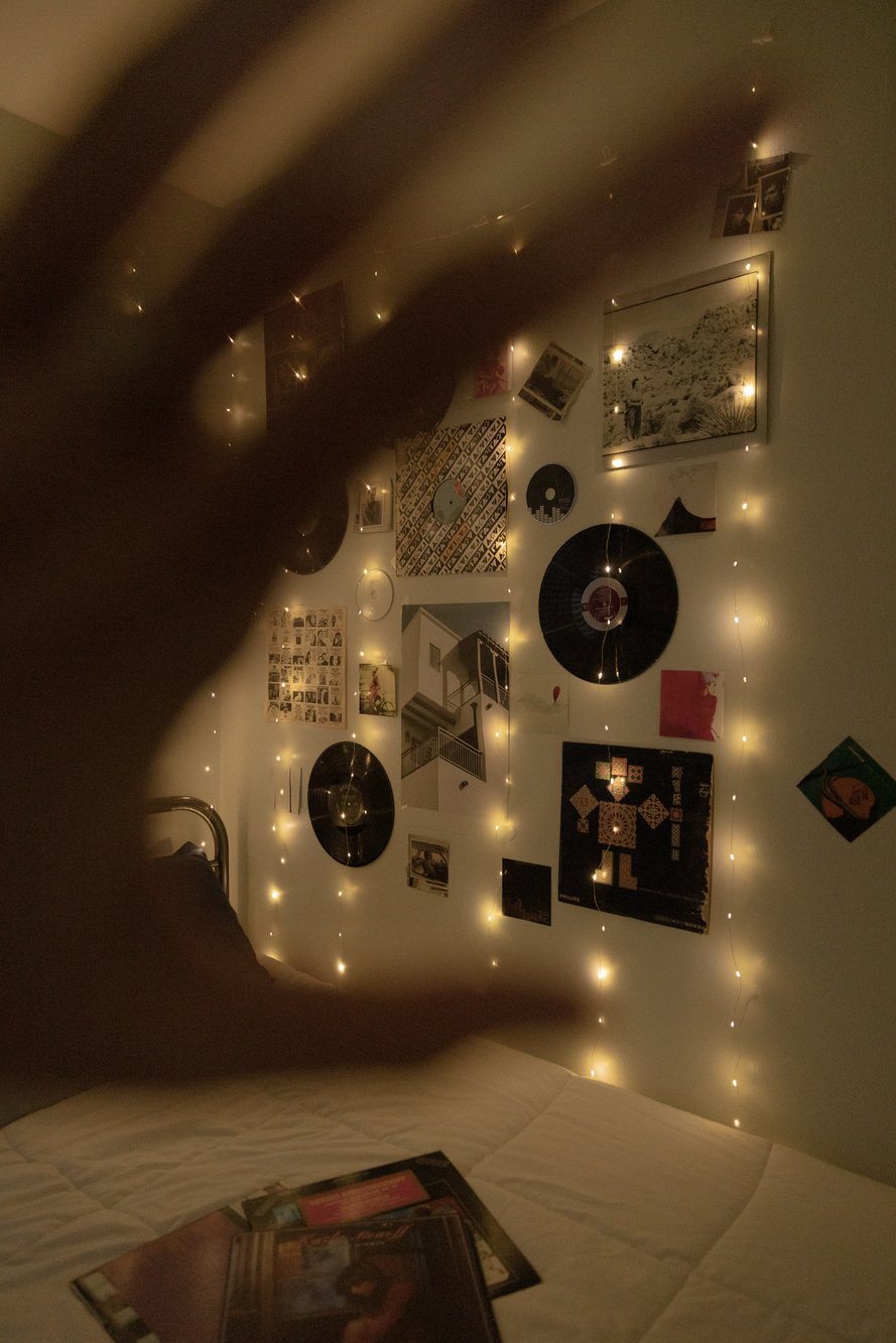 Room Decorated with Lights, Vinyl Disks and Album Covers